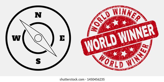 Vector linear compass pictogram and World Winner watermark. Blue round scratched watermark with World Winner text. Black isolated compass pictogram in linear style.
