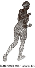 Vector linear composition, background, texture. Volumetric silhouette of a running girl. Artistic geometric background. Pen stroke. Optical illusion.