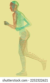 Vector linear composition, background, texture. Volumetric silhouette of a running girl. Artistic geometric background. Pen stroke. Optical illusion.