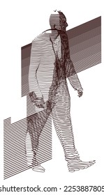 Vector linear composition, background, texture. Volumetric silhouette of a man. Artistic geometric background. Pen stroke. Optical illusion.