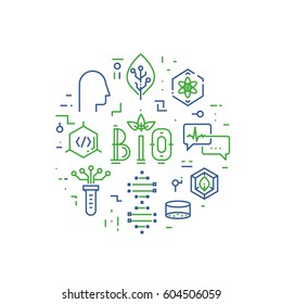 Vector linear concept of bio design, biotechnology and bioengineering - vector illustration