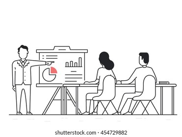 Vector Linear Concept of Business Meeting, Sharing Ideas and Experience, Collaboration and discussion. Balanced Scorecard and Development 
