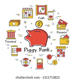 Vector linear concept of finance, banking and accounting. Color icon of piggy bank with dollar coin. Money, budget and payment transactions icons