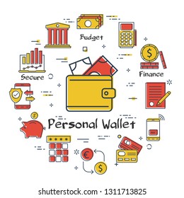 Vector linear concept of finance, banking and accounting. Color icon of personal wallet with banknotes. Money, budget and payment transactions icons