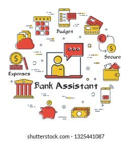 Vector linear concept of finance, banking and accounting. Color icon of online bank assistant. Money, budget and payment transactions icons
