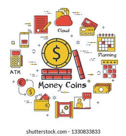 Vector linear concept of finance, banking and accounting. Color icon of stack of money coins. Dollar, currency, budget and payment transactions icons around