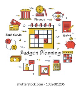 Vector linear concept of finance, banking and accounting budget planning. Color icon of wall calendar and marked two days for important events. Money, budget and payment transactions icons around