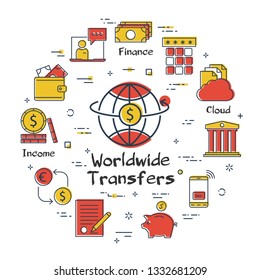 Vector linear concept of finance, banking and accounting worldwide money transfers. Color icon of dollar coin and planet globe with around arrow. Money, budget and payment transactions icons