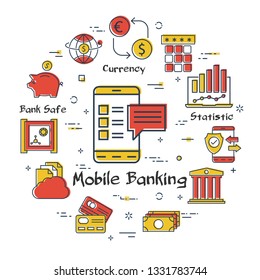 Vector linear concept of finance, mobile banking. Color icon of smart phone with online payment options without having to visit a bank branch. Money, budget and payment transactions icons