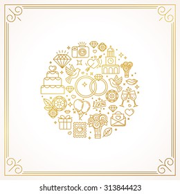 Vector linear concept and illustration for wedding invitations - abstract design template with icons related to love and marriage - golden lines on white background 