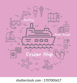 Vector linear concept of summer time with cruise ship icon