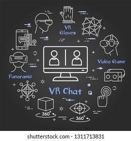Vector linear concept of virtual reality technology. White outline chatting on computer icon and black chalk board background. The different VR devices and equipment icons as helmet and eye glasses