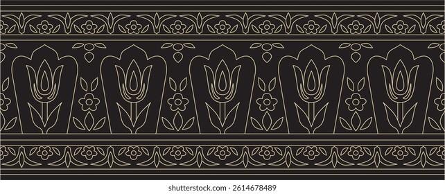 Vector linear contour black and gold seamless Turkish ornament. Ottoman rectangle, ring, frame. Muslim pattern for stained glass.