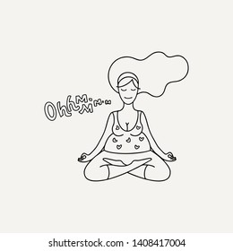 Vector linear contour flat logo of a pregnant woman. Happy, calm girl is practicing yoga in lotus pose. Identity concept for pregnancy clinics, courses, postcards, posters, print. Hand drawn design