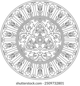 Vector linear contour round Turkish ornament. Ottoman circle, ring, frame. Muslim pattern for stained glass.