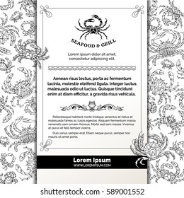 Vector linear crabs template. Seafood black and white doodles background. There is place on white vertical paper for your text.