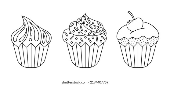 Vector linear cupcake set. Three outline isolated sweet desserts with cherry, sprinkles and butter cream on white background