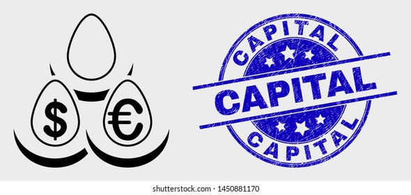 Vector linear currency deposit eggs icon and Capital stamp. Blue round grunge watermark with Capital phrase. Black isolated currency deposit eggs icon in linear style.