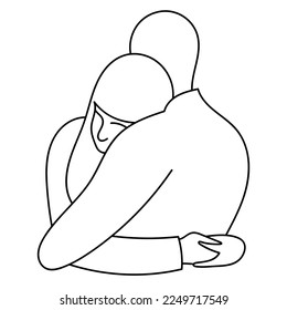 vector linear cute illustration in cartoon style of hugging couple isolated on white background. very sweet, naive and touching. can be used as a card for Valentine's Day or International Hug Day.