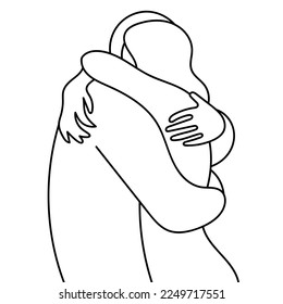 vector linear cute illustration in cartoon style of hugging couple isolated on white background. very sweet, naive and touching. can be used as a card for Valentine's Day or International Hug Day.