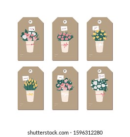 Vector linear design beautiful flowers bouquet on craft paper background. Greeting tags set with typography and colorful icon