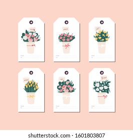 Vector linear design beautiful flowers bouquet on white background. Greeting tags set with typography and colorful icon