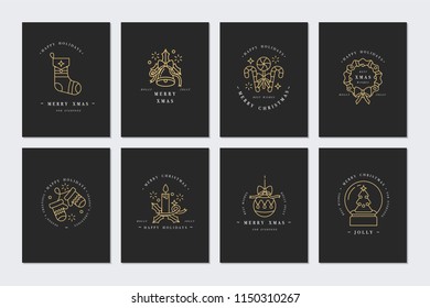 Vector linear design Christmas greetings card on dark background. Typography and icons for Xmas background, banners or posters and other printables