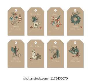 Vector linear design Christmas greetings elements on craft papers. Christmas tags set with typography and colorful icon