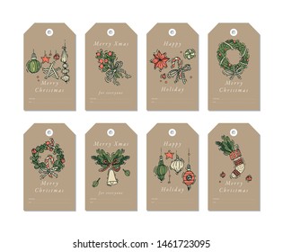 Vector linear design Christmas greetings elements on craft paper background. Christmas tags set with typography and colorful icons