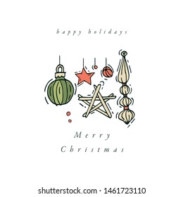 Vector linear design Christmas greetings elements on white background. Christmas tag with typography and colorful icons