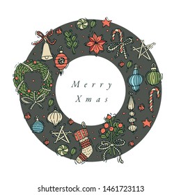 Vector linear design Christmas greetings elements on white background. Christmas tag with typography and colorful icons