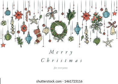 Vector linear design Christmas greetings elements on white background. Christmas tag with typography and colorful icons