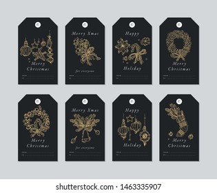 Vector linear design Christmas greetings elements on black background. Christmas tags set with typography and colorful icon