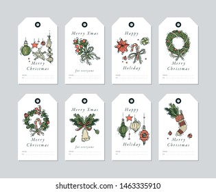 Vector linear design Christmas greetings elements on white background. Christmas tags set with typography and colorful icon