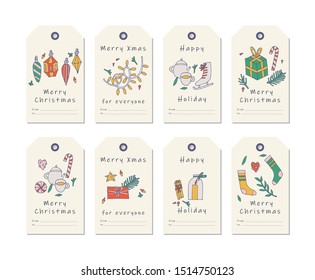 Vector linear design Christmas greetings elements on white background. Christmas tags set with typography and colorful icon