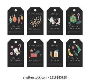 Vector linear design Christmas greetings elements on white background. Christmas tags set with typography and colorful icon