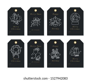Vector linear design Christmas greetings elements on black background. Christmas tags set with typography and silver or golden icons