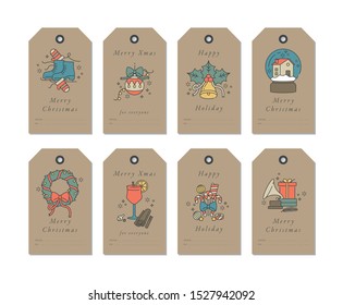 Vector linear design Christmas greetings elements on craft paper background. Christmas tags set with typography and colorful icon
