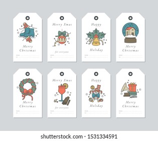 Vector linear design Christmas greetings elements on white background. Christmas tags set with typography and colorful icon