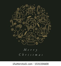 Vector linear design for Christmas greetings card color. Typography with icon for Xmas background, banners or posters and other printables. Winter holidays design elements