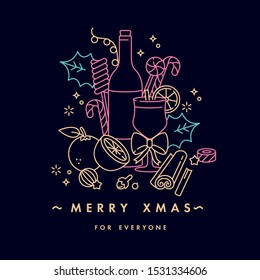 Vector linear design for Christmas greetings card neon color. Typography and icon for Xmas background, banners or posters and other printables. Mulled wine concept