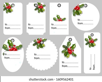 Vector linear design Christmas greetings elements on white background. Christmas tags set with colorful icon
