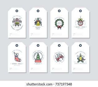 Vector linear design Christmas greetings elements on white background. Christmas tags set with typography and colorful icon