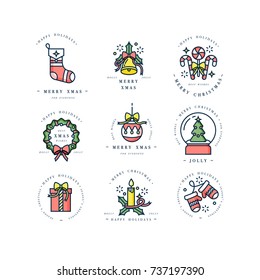 Vector linear design Christmas greetings elements on white background. Typography ang icon for Xmas cards, banners or posters and other printables. Winter holidays design elements