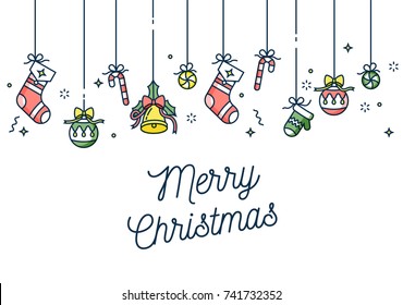 Vector linear design Christmas greetings card on white background. Typography ang icon for Xmas background, banners or posters and other printables. Winter holidays design elements