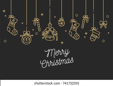 Vector linear design Christmas greetings card on golden color. Typography ang icon for Xmas background, banners or posters and other printables. Winter holidays design elements