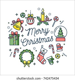 Vector linear design Christmas greetings card on white background. Typography ang icon for Xmas background, banners or posters and other printables. Winter holidays design elements