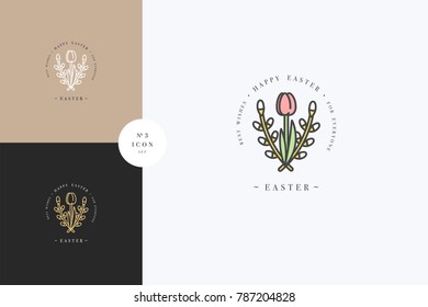 Vector linear design Easter greetings elements on white background. Typography set of icon for Happy Easter card, banners or posters and other printables. Spring holidays design elements