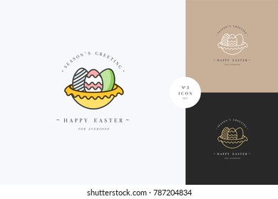 Vector linear design Easter greetings elements on white background. Typography set of icon for Happy Easter card, banners or posters and other printables. Spring holidays design elements
