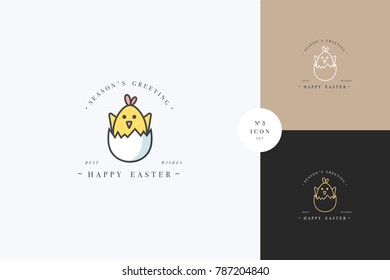 Vector linear design Easter greetings elements on white background. Typography set of icon for Happy Easter card, banners or posters and other printables. Spring holidays design elements